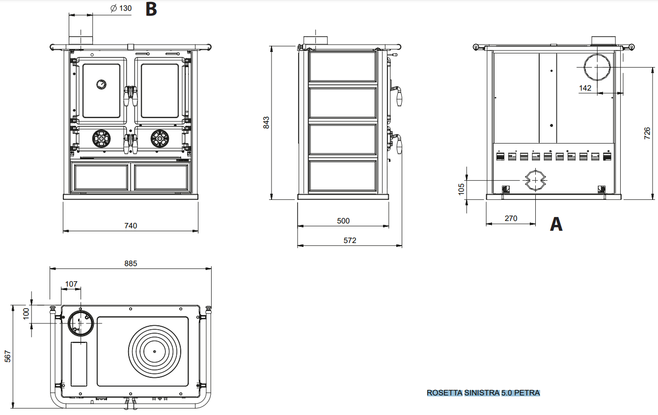 Wymiary kuchni Rosetta Sinistra 5.0 Petra 7,9kW